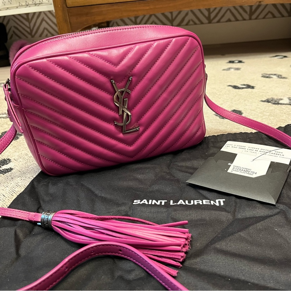 Saint Laurent YSL Calfskin Matelasse Monogram Lou Camera Bag Fuchsia